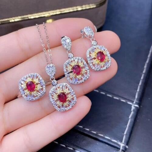 Elegant Temperament 100% Real and Natural Ruby Set 925 Sterling Silver 1pc Ruby Ring,2pcs Ruby Earring,1pc Ruby Pendant