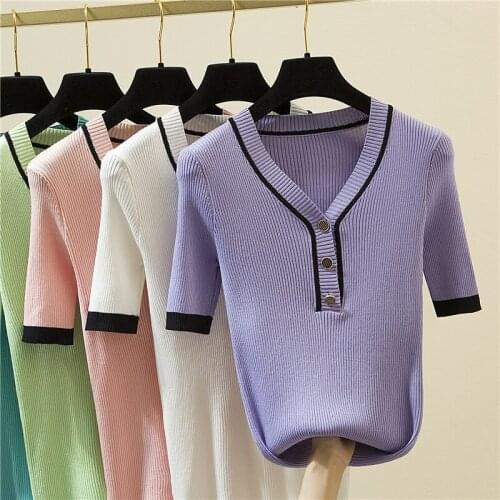 V-Neck Button T Shirt Women Hit The Color T-Shirt Knitted 2021 Korean Style Tshirt Woman Clothes Tee Shirt Femme Camisetas Mujer