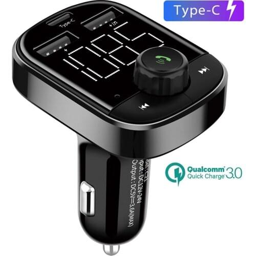 Konrisa Car FM Transmitter Bluetooth Music Player with Type-C 5V3.6A Dual USB Port Handsfree Car Kit Support TF Card USB Driver