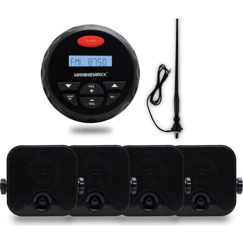 Marine Bluetooth Radio FM AM MP3 Player Stereo Audio + 4 Inch Marine Waterproof Boat Box Speaker For Outdoor + Black Antenna