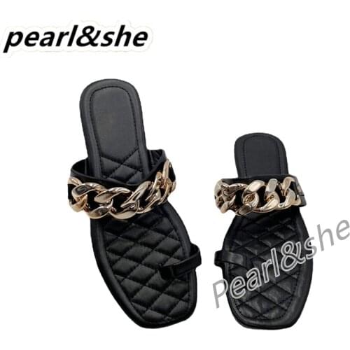 Summer Metal Chain Bling Bling Rhinestone Soft Womens Slippers Slip-On Open Toe Slides Shoes Woven Tassel Beach Ladies Slippers