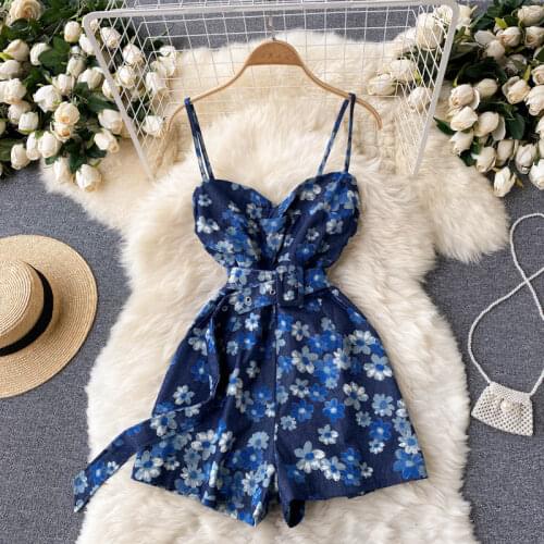 SINGREINY Women Retro Print Strap Rompers Sexy Sleeveless V Neck Belt Jumpsuits Summer Korean Off Shoulder Beach Short Playsuits