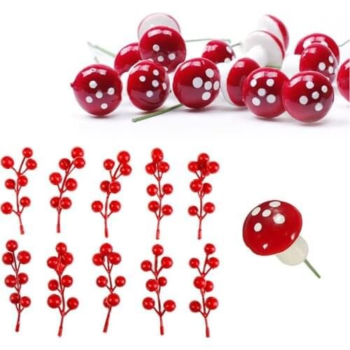 10Pcs 2cm Artificial Mini Mushroom Miniatures Fairy Garden Moss Terrarium Resin Crafts Cherry Berries Pearl Flower Decorations