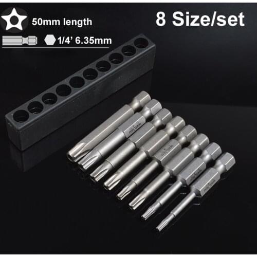 8size/set 50mm long 1/4 Inch Magnetic Pentacle Star Head Screwdriver Bits Electric Torx Screwdriver Bit T8-T40 with bits holder