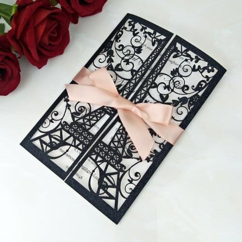 Black Glitter Tower Laser Cut Quinceanerar Invitation Customized Invitations Cards for Sweet Sixteen Birthday Party Invites 50pc