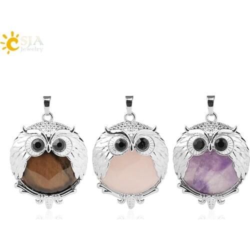 CSJA Natural Stone Cute Owl Animal Pendants for Necklaces White Crystal Pink Quartz Opal Lapis Lazuli Beads Reiki Jewellery G802