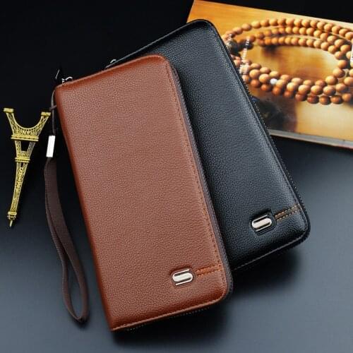 Soft Leather Clutch Bag for Men Long Zipper Wallet Lychee Pattern Coin Purse Mobile Phone Bag Male Card Holder billetera hombre