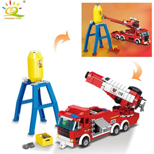 HUIQIBAO Toys 440pcs Fire Truck with Water gun Building Blocks For Children Compatible City vehicle Car Firemen Bricks