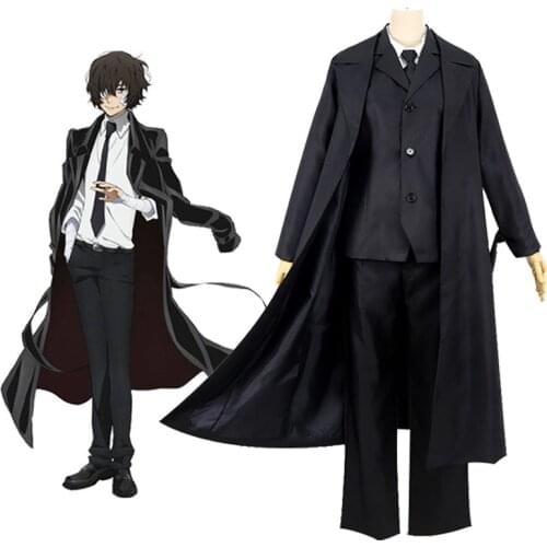 Anime Bungo Stray Dogs Cosplay Costume Dazai Osamu Cosplay Costume Men Black Trench Pant Tie 4PCS Sets Outfit Halloween
