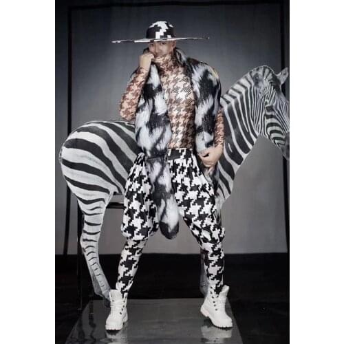 Performance Costume sets Sexy zebra Bodysuit Bar night club Jumpsuit men stage dance wear