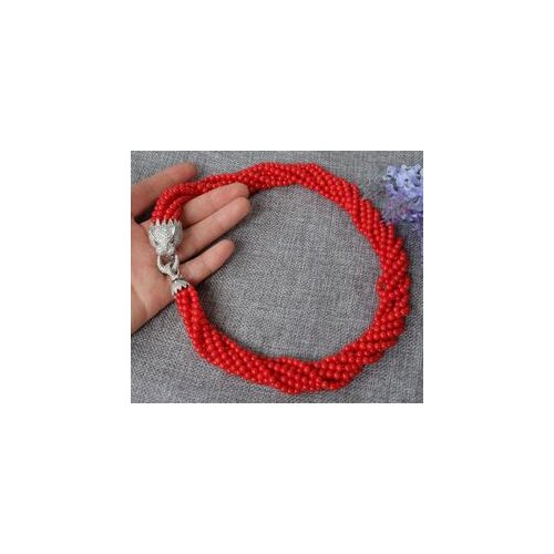 20" Long 8row 4-4.5mm round red coral beads necklace 925s Leopard head clasp