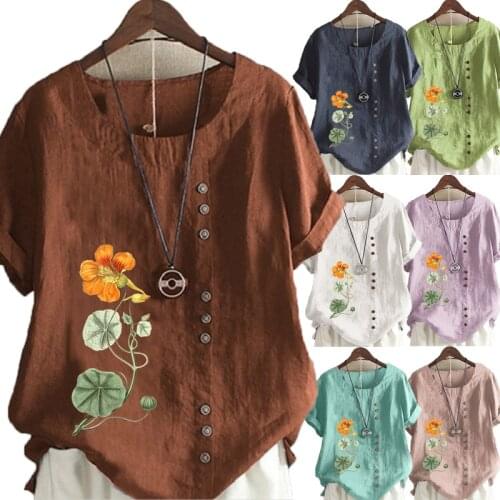 Summer Casual Flower Print Loose T-shirts Vintage Cotton and Linen O-Neck Plus Size Short Sleeve Blouse Tops For Women S-5XL