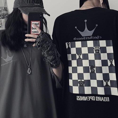 Summer round neck crown checkerboard plaid print cute short-sleeved T-shirt top loose and thin T-shirt Harajuku style