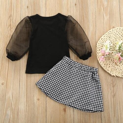 Toddler Clothes Sets Girls Lace Puff Sleeve T Shirts Tops Plaid A-Line Mini Skirts Baby Outfits 1-6Y childrens Clothing