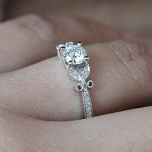 Fashion Crystal Silver Color Women Leaf Engagement Rings Zircon Cubic Graceful Girls White Rose Golden Color Ring Jewelry