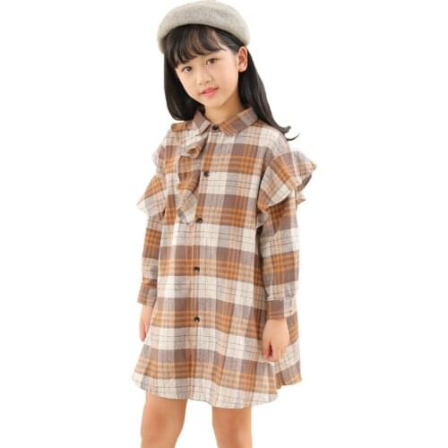 Teen Girls Shirt Dress Kids Plaid Ruffle Dress Fashion Spring Cotton Long Sleeve Shirt Dresses Boutique Girls Clothes