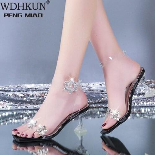 Transparent PVC Sun Flower Sandals Women Clear Crystal Cup High Heel Stilettos Sexy Pumps Summer Shoes Women Pumps Size 42