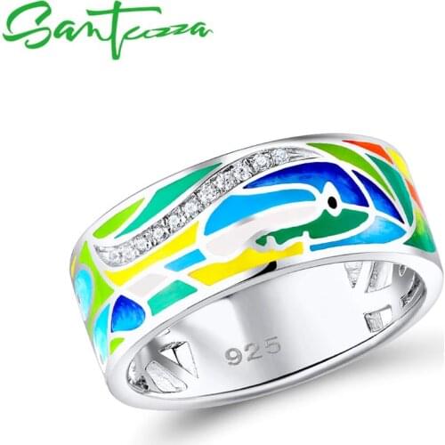 SANTUZZA Silver Ring For Women 925 Sterling Silver Face Rings for Women Shiny White CZ Colorful Enamel Party Fashion Jewelry