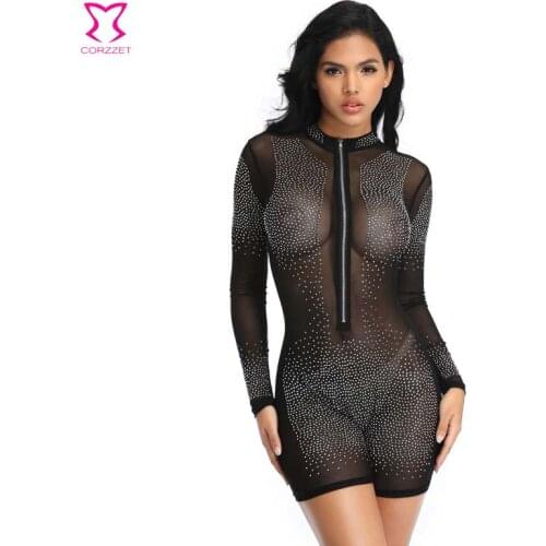 Sexy High-neck Long sleeves High elasticity Bodysuits with sequined diamond Mid-length Fashion Slim Bodysuit underwear For women