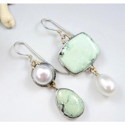 Retro Asymmetric Oxidized Ancient Silver Earrings Handmade Sapphire Agate and Freshwater Pearl Pendant Earrings Bohemian Jewelry