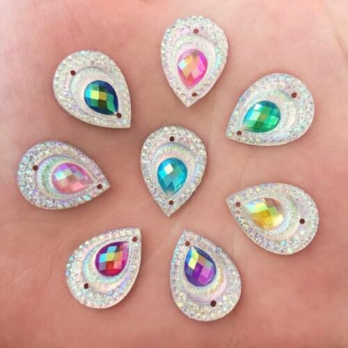 DIY 40PCS 13mm*18mm AB Resin Peacock Drop Flatback Rhinestone Wedding 2 Hole Crafts R35