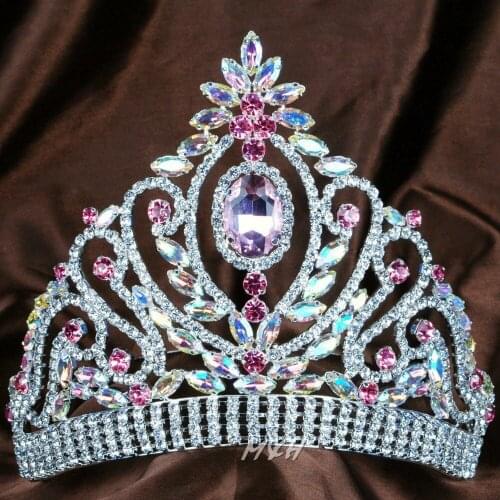 Queen Princess 6" Tiara Floral Diadem Pink and Clear Rhinestones Crystal Handmade Crown Bridal Prom Pageant Party Costumes