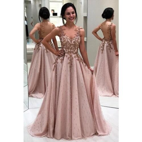A-line Appliques Pearls Prom Dresses Long Illusion Backless Floor Length Chiffon Evening Gown Pink Prom Dress
