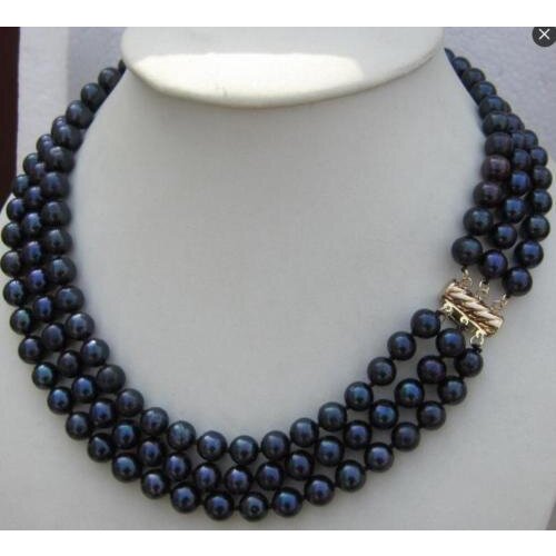 Triple strands 8-9mm natural south seas black pearl necklaces 18-22inch