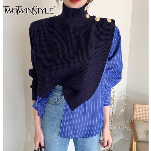 TWOTWINSTYLE Korean Patchwork Print Striped Sweater For Women Turtleneck Long Sleeve Casual Sweaters Female Fashion New Tide
