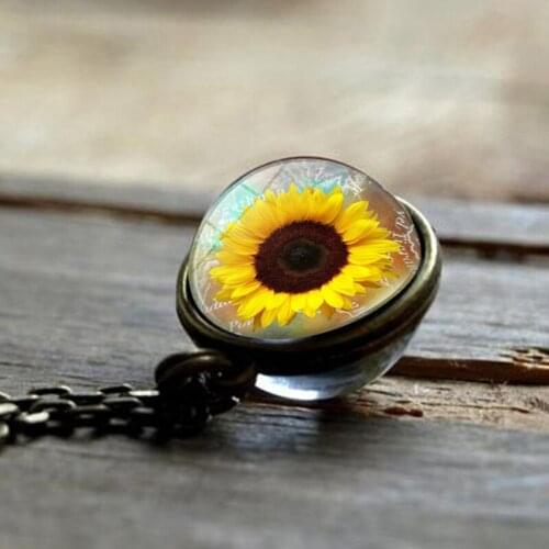 Trendy Pendants Jewelry Necklaces Lovely Cartoon Round Double Sided Glass Cabochon Pendant Sunflower Necklace For Women