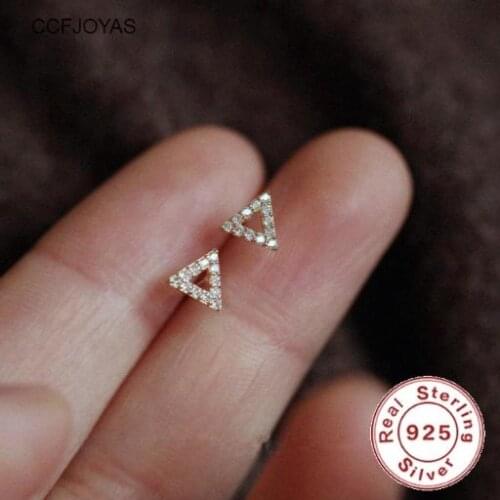 CCFJOYAS 925 Sterling Silver White Zircon Crystal Hollow Mini Triangle Stud Earrings for Women Simple Piercing Cartilage Earring
