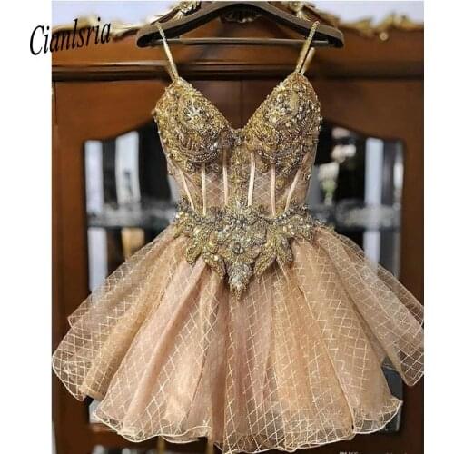 2020 Champagne Beaded Crystals Homecoming Dresses Spaghetti A-line Lace Graduation Dresses Short Sexy Cocktail Party Gowns