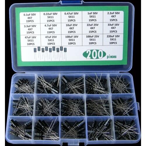 200Pcs/lot 0.1uF 50V-220uF alues Aluminum Electrolytic Capacitors 10-50V mix Electrolytic capacitor Assorted kit and storage box