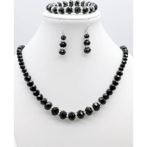 Free Shipping Wholesale 1 set of black glass beads necklace bracelet earrings suit, fashion jewelry set
