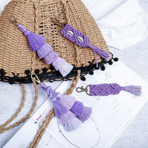 Bohemia Purple Weave Tassel Keychain for Women 2021 Fashion Popular Long Geometry Shell Charm Bag Key Chain Accesory Jewelry