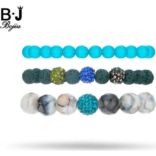 BOJIU 3 Pcs/Set Fashion Natural Stone Charm Bracelet Lava Stone Bracelet Sets For Women New Hot Round Bracelets Women BCSET79