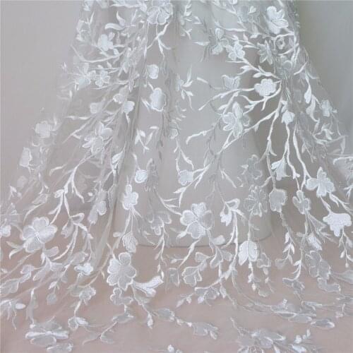 1 Yard 130cm Wide High Quality Blossom Embroidered Net 3D Lace Fabric Ivory For Bridal Gowns Costume Design Home Decor