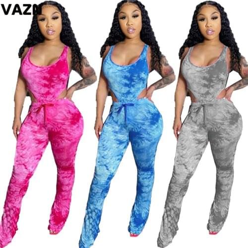 VAZN 2020 Holiday Stretch Skinny Tie Dye Strap Two Piece Set Beach 2 Piece Set Women Sleeveless Full Pant Summer Sets