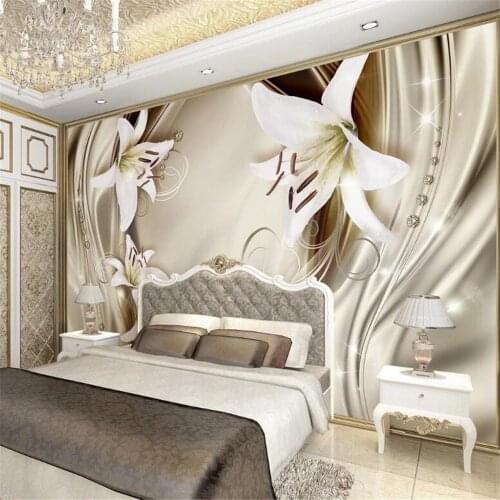 Milofi custom 3D wall decoration mural wallpaper luxury golden lily flower satin European 3D stereo TV background wall
