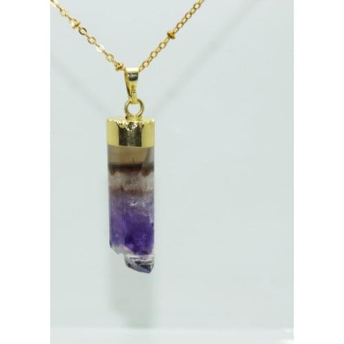 Fashion Jewelry Column Natural purple crystal quartz chain Necklace cylinder gold point stone pendant necklace for women