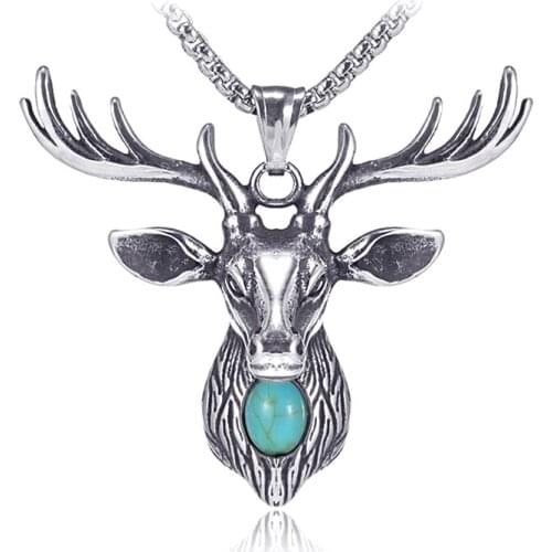 Ice and Fire Deer Head with Turquoise Stainless Steel Pendant Necklace Fashion Personality Antlers for Men Jewelry Gift LN3009