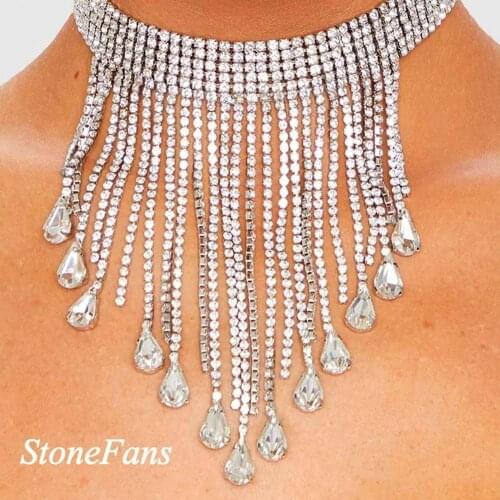 Stonefans Luxury Jewelry Long Tassel Rhinestone Choker Necklace for Women Crystal Water Drop Pendant Necklace Collar Jewelry