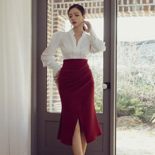 Luxuriy Fashion Women Office Two Piece Set Chic White Long Sleeves Shirt + Elegant High Waist Half Body Skirt Femme Simple Suit