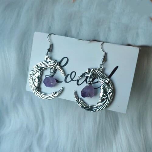Purple crystal moon earrings crescent moon jewelry dark style gothic stone pendant magic wiccan witch style macabre amulet