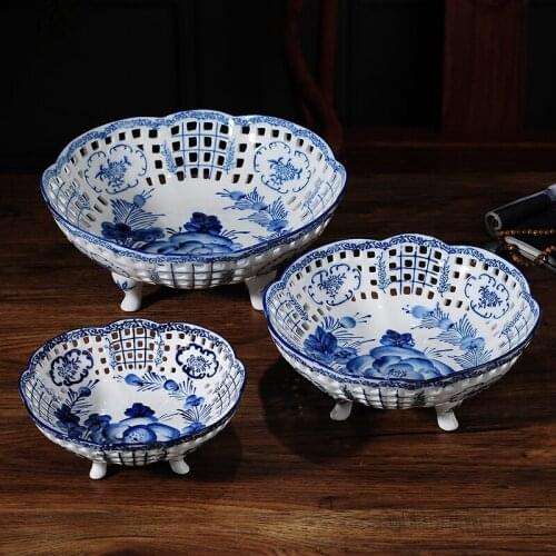 Blue and White Ceramic Fruit Plate Modern New Chinese Hollow Hand-painted Chinese Style Creative Home Living Room Fruit Bowl