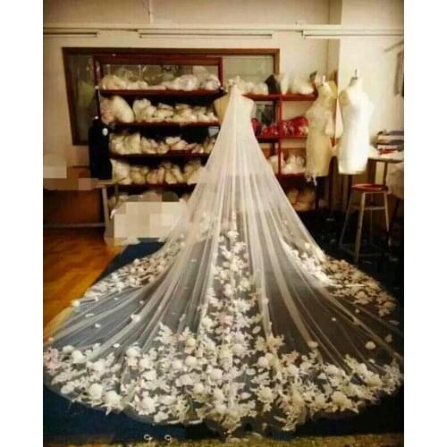 Luxury 3D Flowers Applique Bridal Veils Cathedral Length For Wedding 3 Meters Netting Wedding Veils White Ivory with Comb