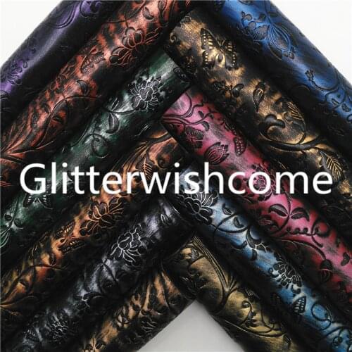 Glitterwishcome 21X29CM A4 Size Vinyl For Bows Vintage PU Synthetic Leather with Embossed Flowers Butterfly for Bows, GM839A
