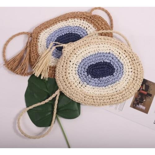 Women Summer Leisure Straw Rope Woven Shoulder Messenger Crossbody Bag Vacation Beach Color Splicing Handbag
