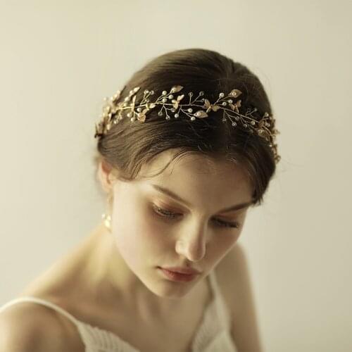 Romantic Sweetheart Bridal Headdress Alloy Leaves Little Bee Pearls Headband with Ribbon for Wedding Perform Travel O854