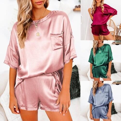 WomenS Solid Color Imitation Silk Pajamas Home Service Short-Sleeved Shorts Irregular 2-Piece Suit